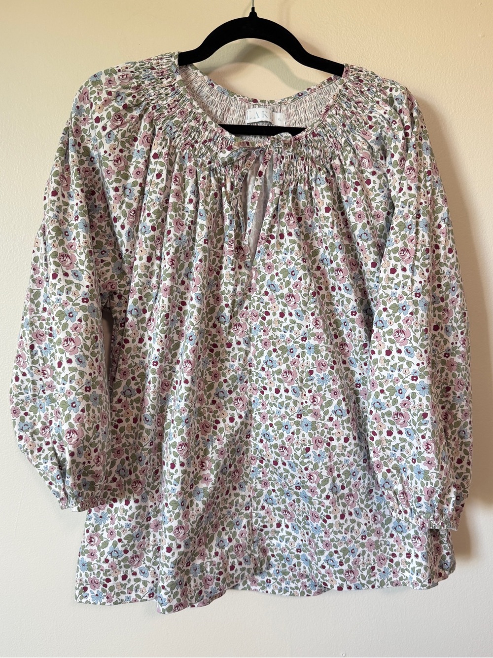 LAKE Hammock pink blue floral balloon sleeve bow tie blouse shirt size XL cotton - Picture 2 of 6